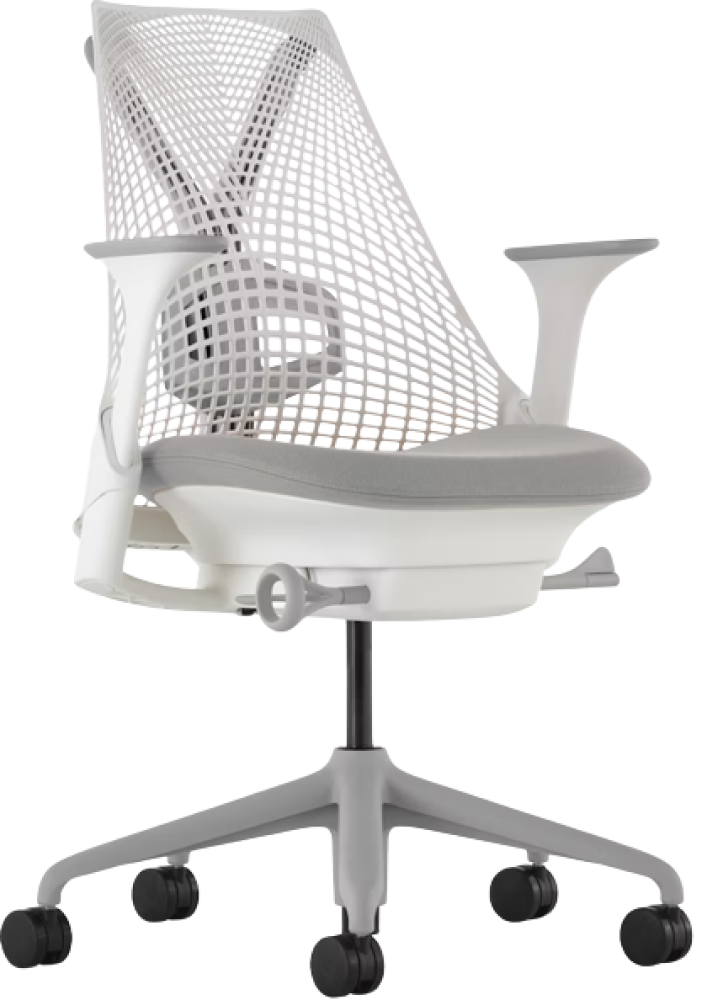 Herman Miller Sayl Chair in gray. Has a webbed looking backing and simple comfortable base.