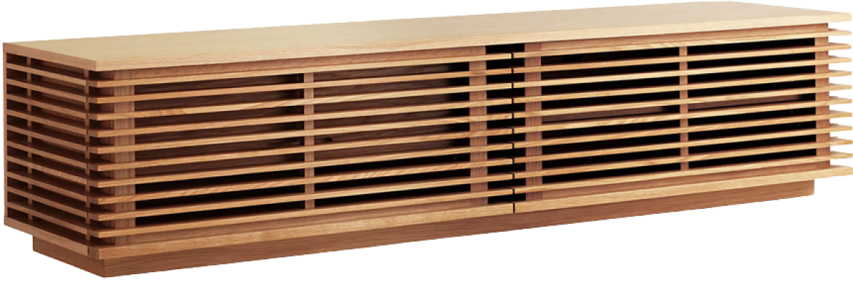 Line Media Console. Oak wood facing diagonally with wooden slots.