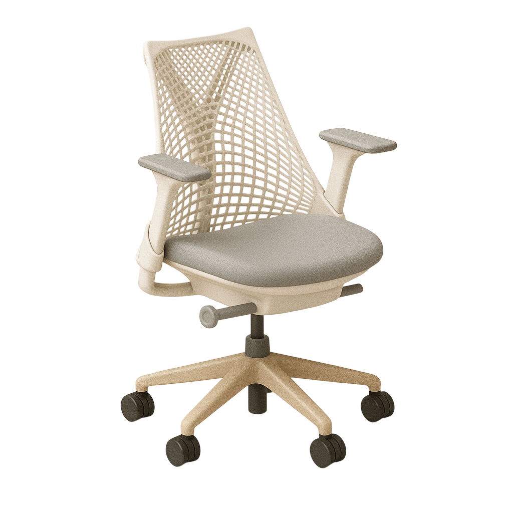Herman Miller Sayl Chair in gray. Has a webbed looking backing and simple comfortable base.