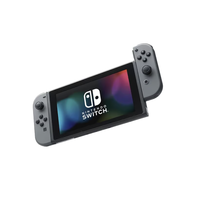 Nintendo Switch in dark gray angled left with one of the controllers half way up